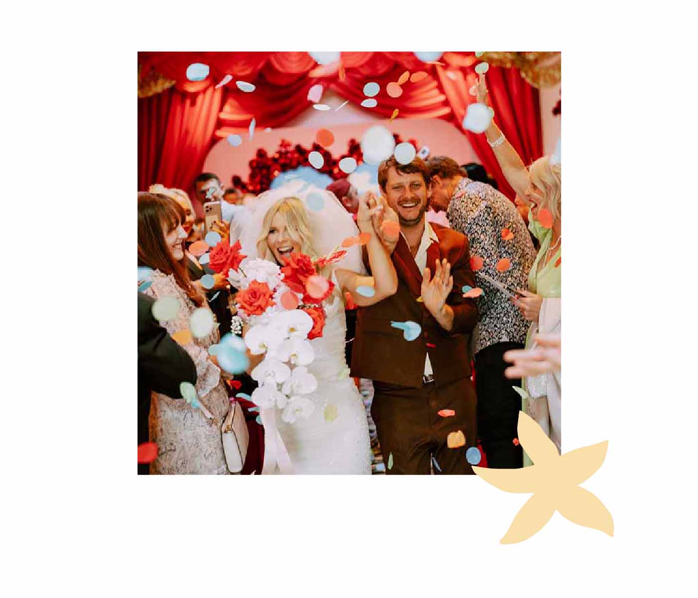 Wedding ceremony with colourful modern vibe and red and white flowers