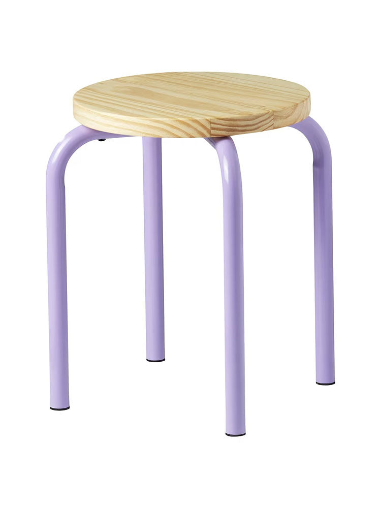 Small stool with purple legs and wooden seat by IKEA