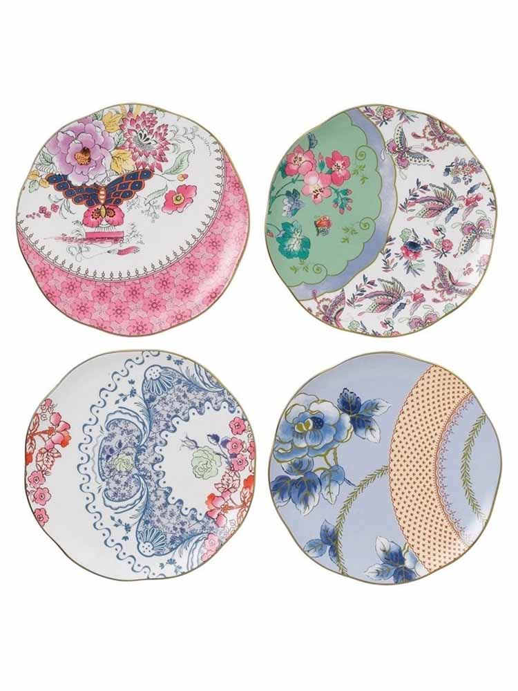 Flat lay image of 4 colourful patterned plates called butterfly bloom by Myer